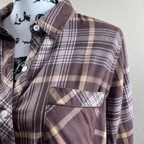 Aerie Brown Plaid Lightweight Flannel button up collar long sleeve size M boho - Picture 6 of 14